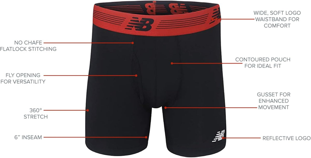New Balance Men'S 6" Boxer Brief Fly Front with Pouch, 3-Pack